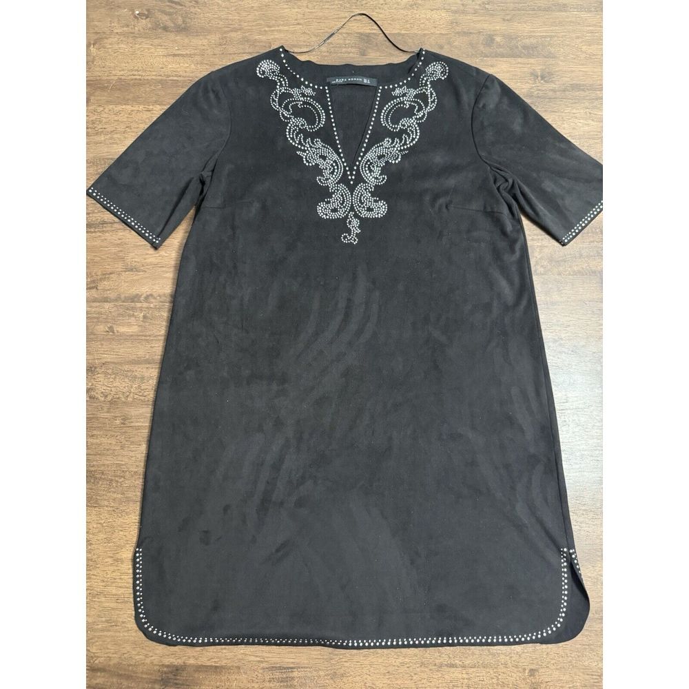 ZARA WOMAN Black Shift Tunic Short Dress Faux Suede w/ metal stud designs M